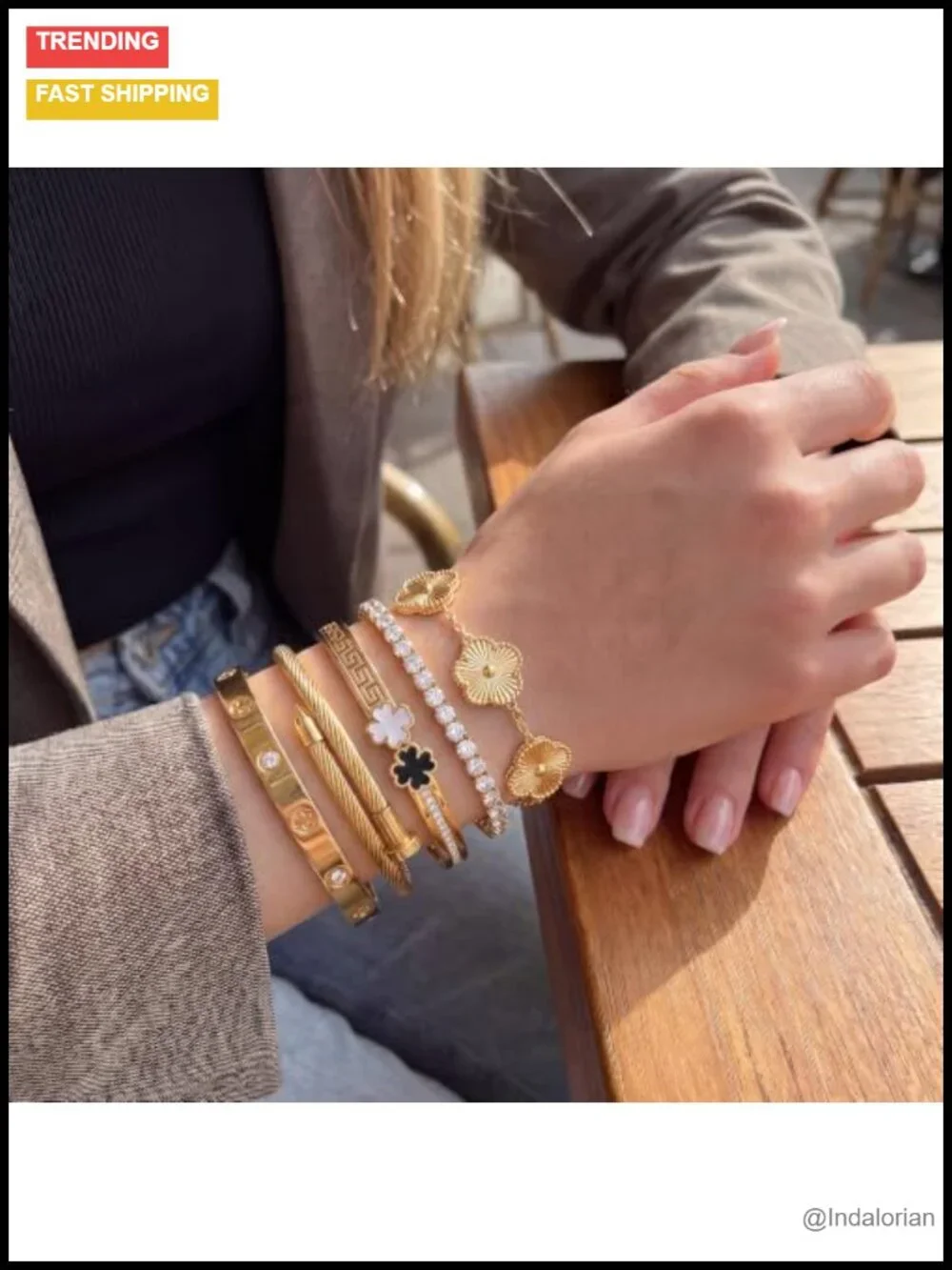 Stainless Steel Bangle Bracelet Set Stackable Clover Charm